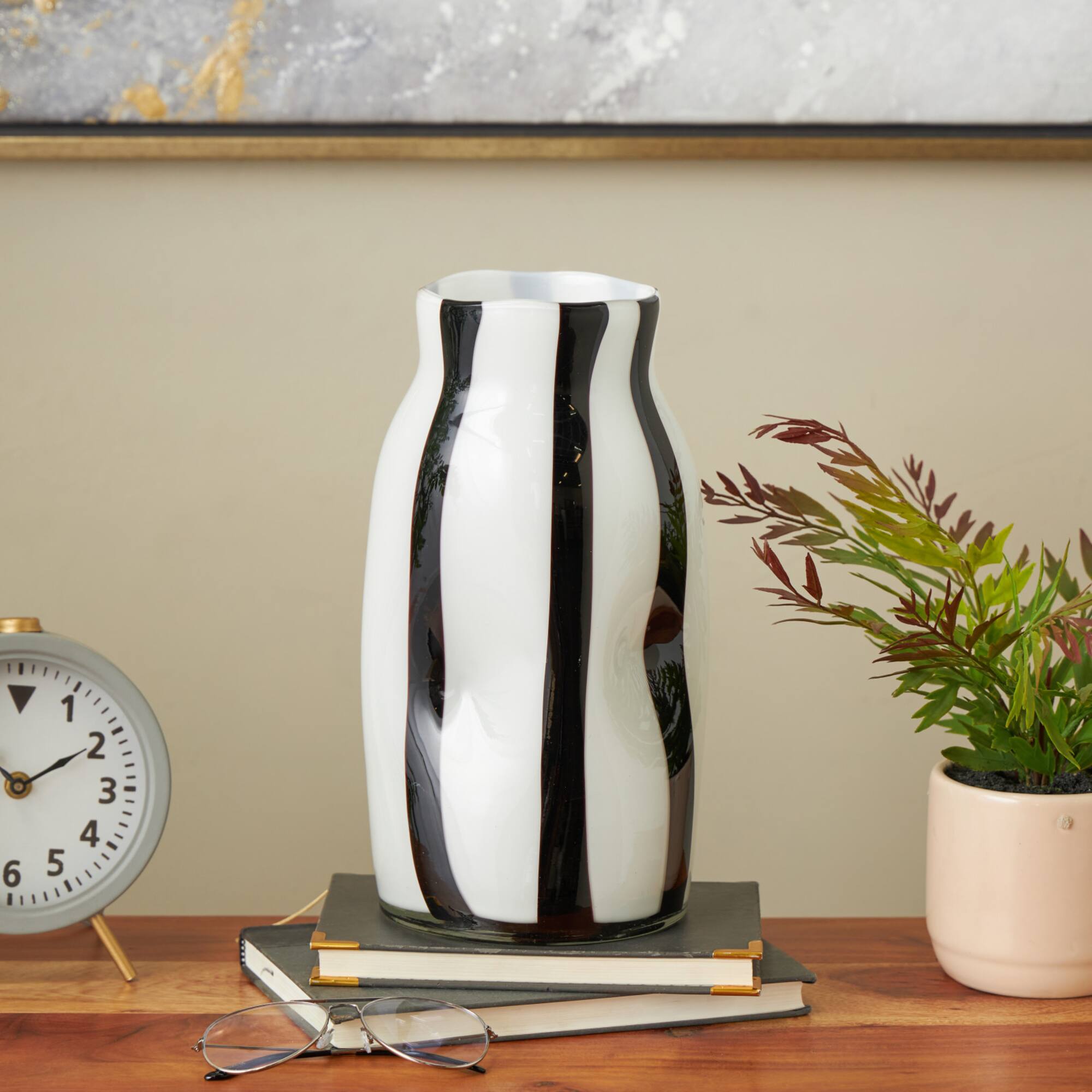 12" White & Black Stripes Round Concaved Glass Vase